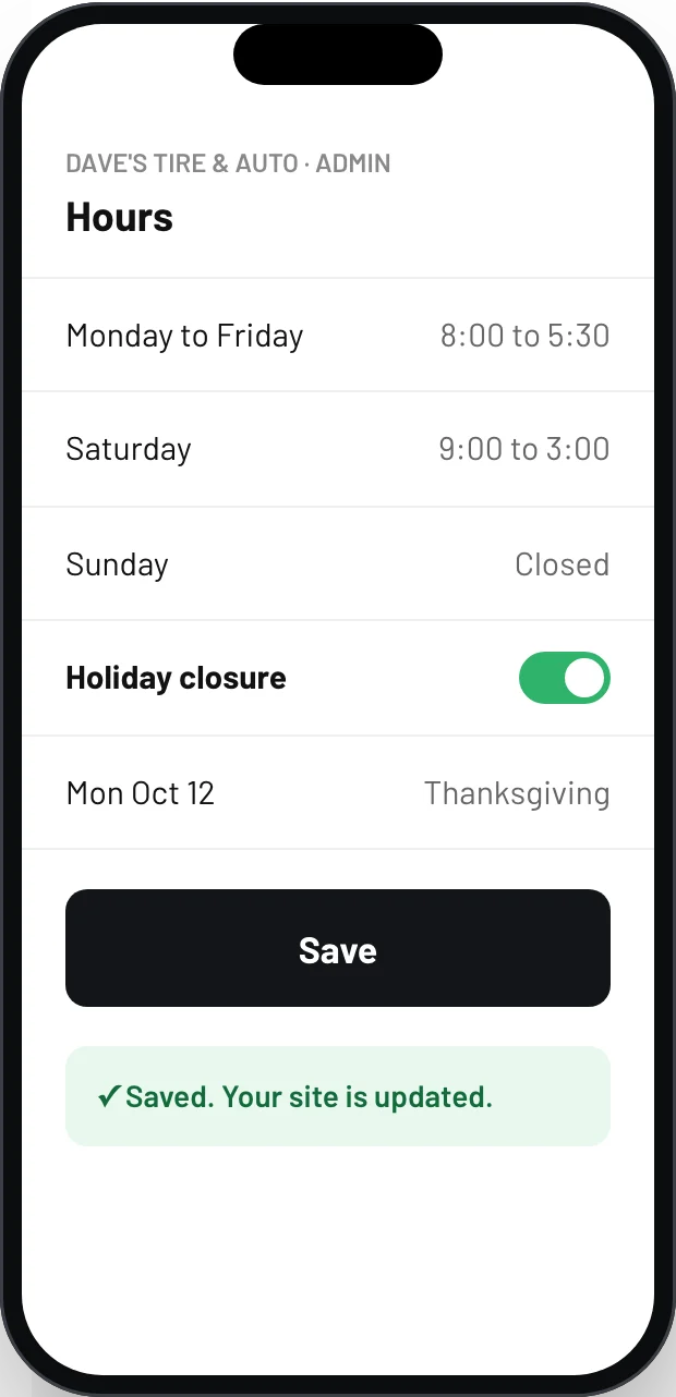 Editing shop hours in the admin on a phone