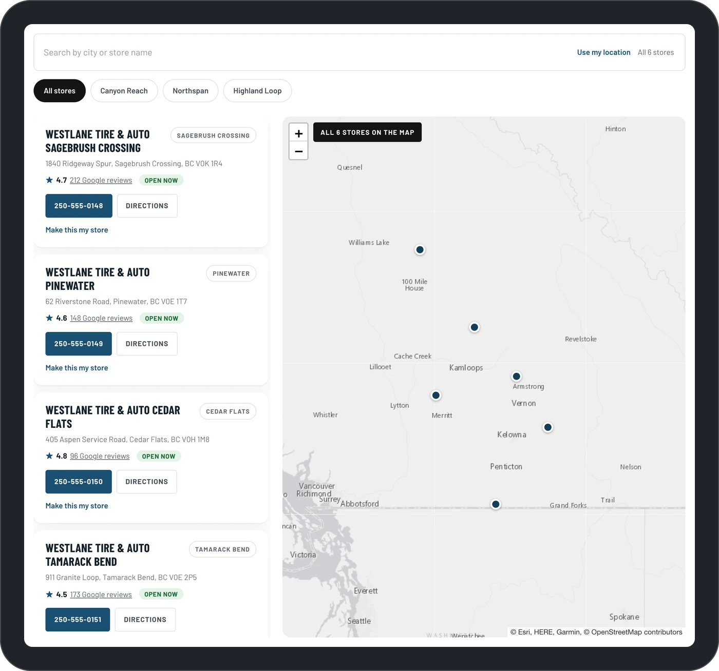 Our store finder, with demo stores